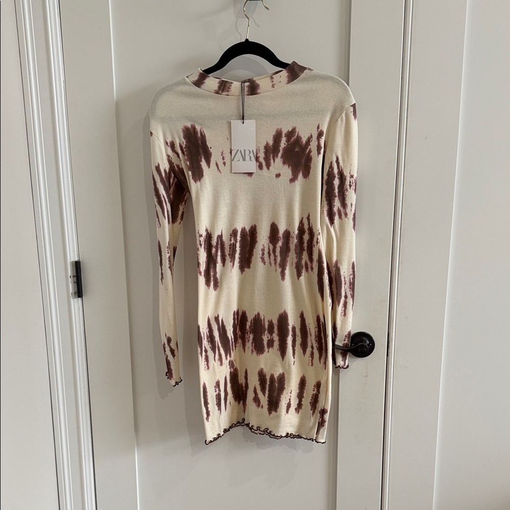 Zara Long Sleeve Cream and Brown Dress